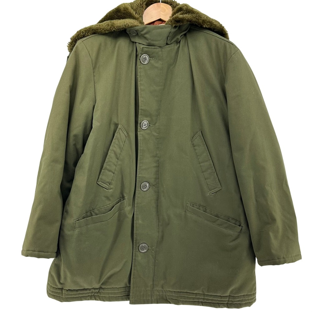 VTG 1950s Parka Bomber Military Green Quilted Full Zip Fur Hood M Throat Latch